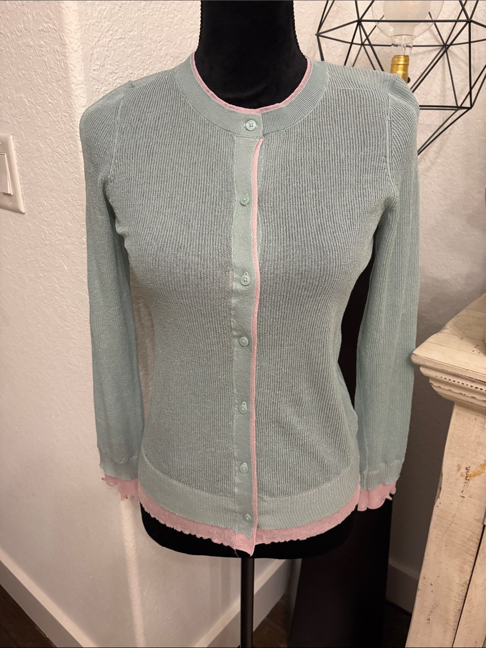 Maeve byAnthropologie Mint Green Button-Front Women's Sweater with Pink Trim